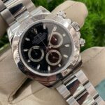 Black-dial stainless steel chronograph watch